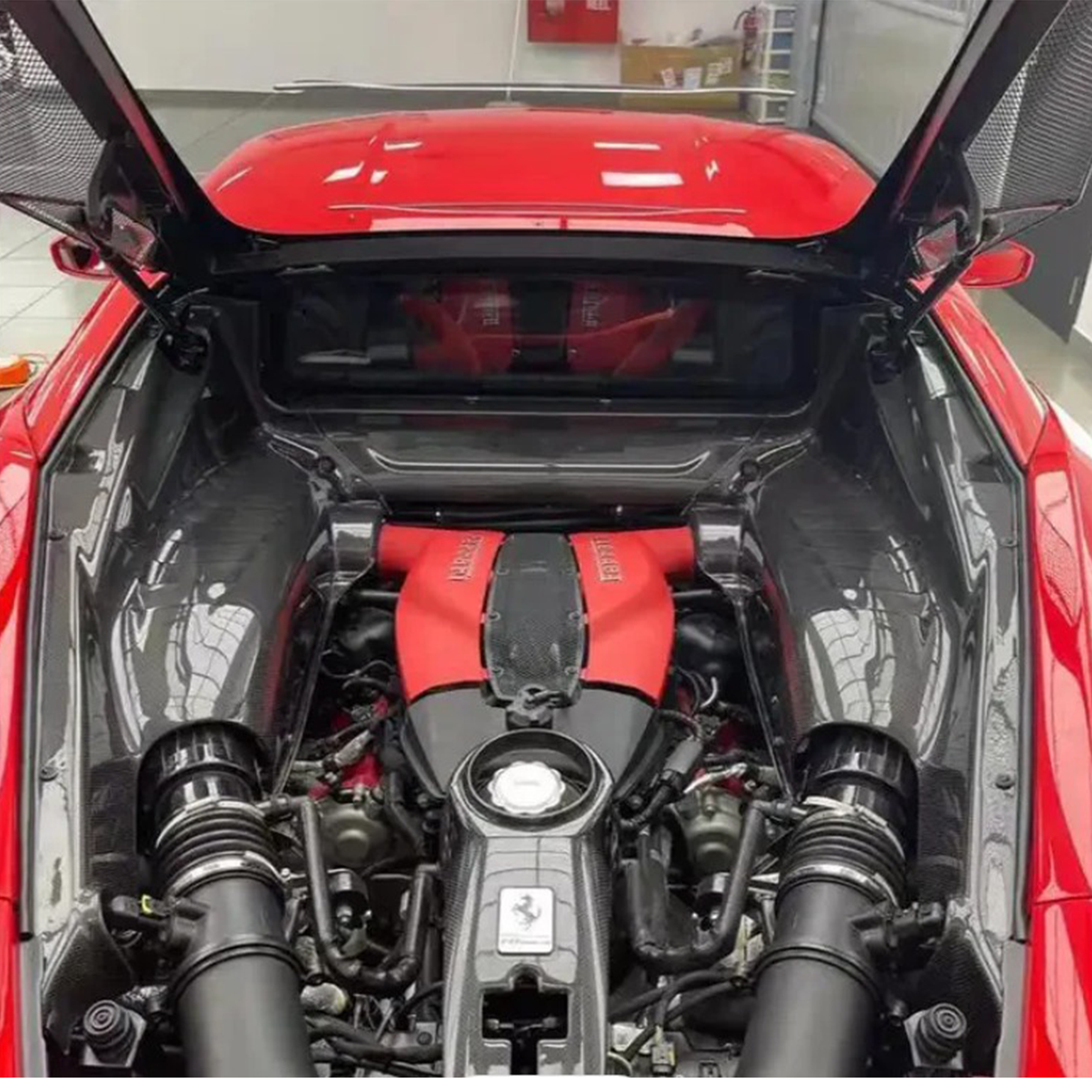 Dry Carbon Fiber Engine Bay Compartment for Ferrari F8 - Bull Boost Performance