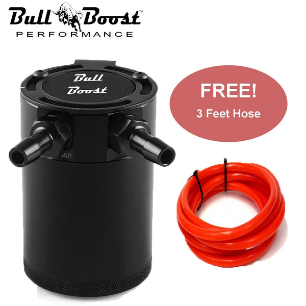 Black Aluminum Oil Catch Can Reservoir Tank Baffled Kit 2-Port | Free 3F Hose - Bull Boost Performance