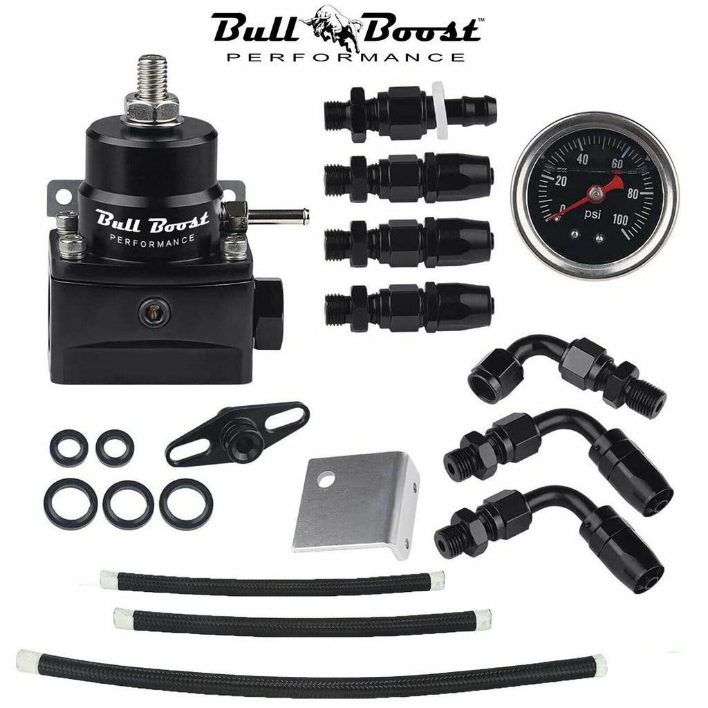 Stealth Adjustable Fuel Pressure Regulator Kit W/ 100PSI Oil Gauge AN-6 Hoses - Bull Boost Performance