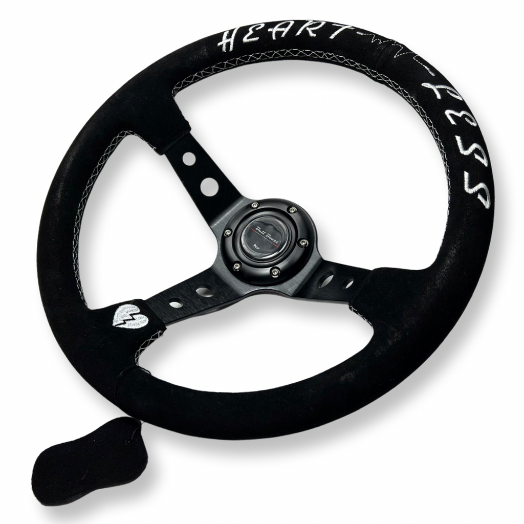 Universal 350mm 3"Deep Dish 6-Bolt Steering Wheel Black Suede Heartless - Bull Boost Performance