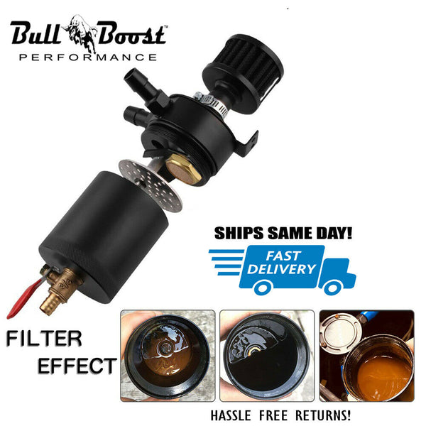 Black Aluminum Oil Catch Can Reservoir Tank Baffled Kit 2-Port + Air Filter - Bull Boost Performance