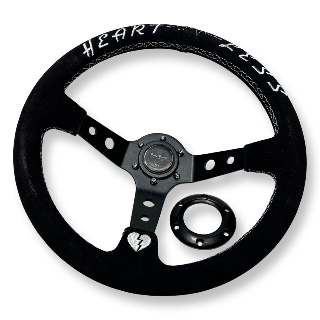 Universal 350mm 3"Deep Dish 6-Bolt Steering Wheel Black Suede Heartless - Bull Boost Performance