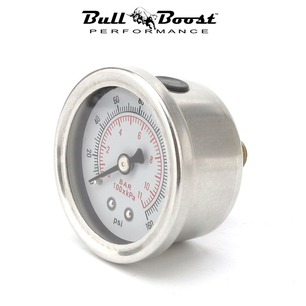 Fuel Pressure Regulator Gauge 0-160 Psi Bar Liquid Fill Chrome Fuel Oil Rail - Bull Boost Performance