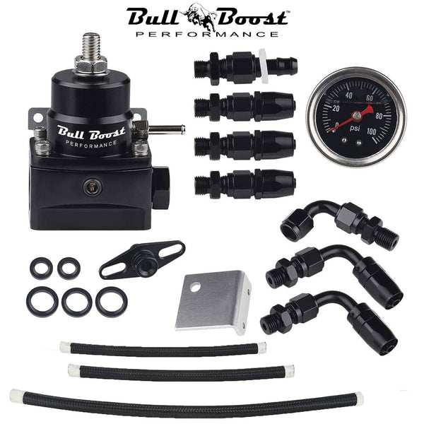 Stealth Adjustable Fuel Pressure Regulator Kit W- 100PSI Oil Gauge AN-6 Hoses - Bull Boost Performance