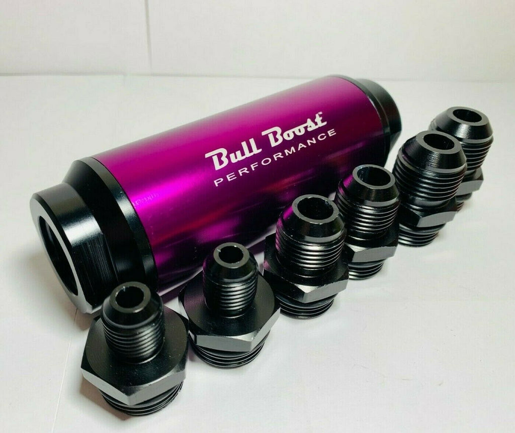 Purple 44 Micron Fuel Filter Inline -6AN -8AN -10AN Universal High Flow Turbo B - Bull Boost Performance